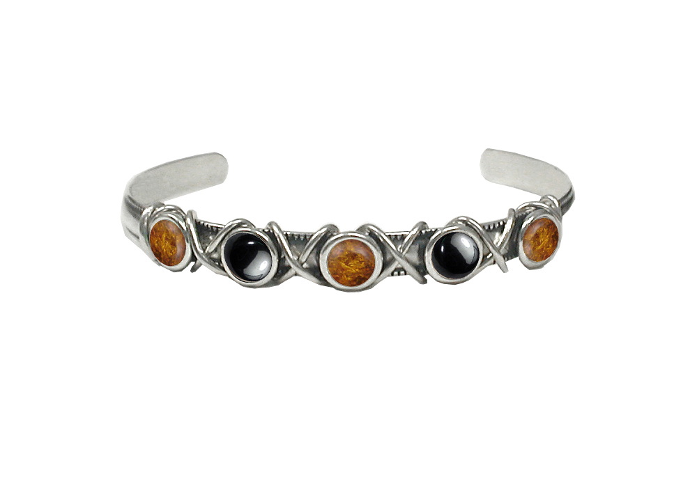 Sterling Silver Cuff Bracelet With Amber And Hematite